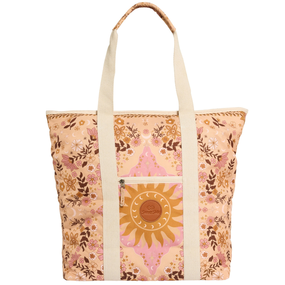 Floral patterned tote bag with a sun design and visible brand logo on a white background
