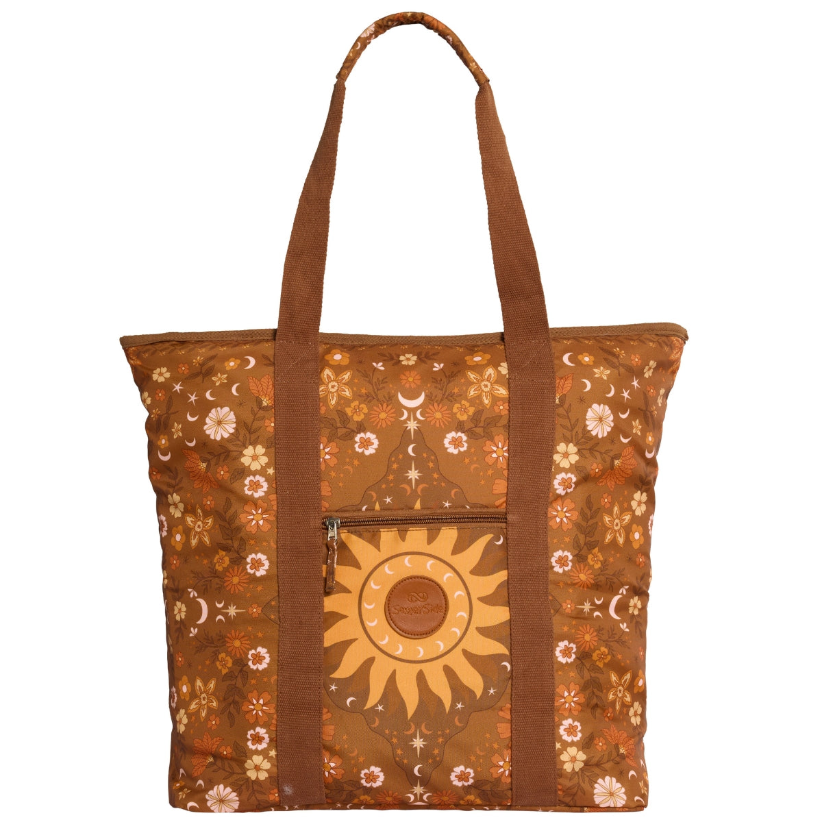 Brown tote bag with golden sun design and floral patterns, convertible tote to backpack
