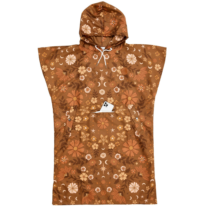 Brown floral patterned hooded poncho boho style