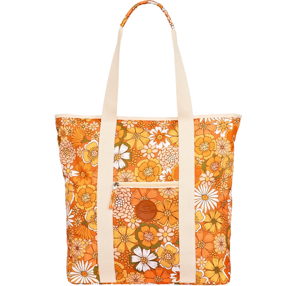 Floral-patterned tote bag with orange and white flowers