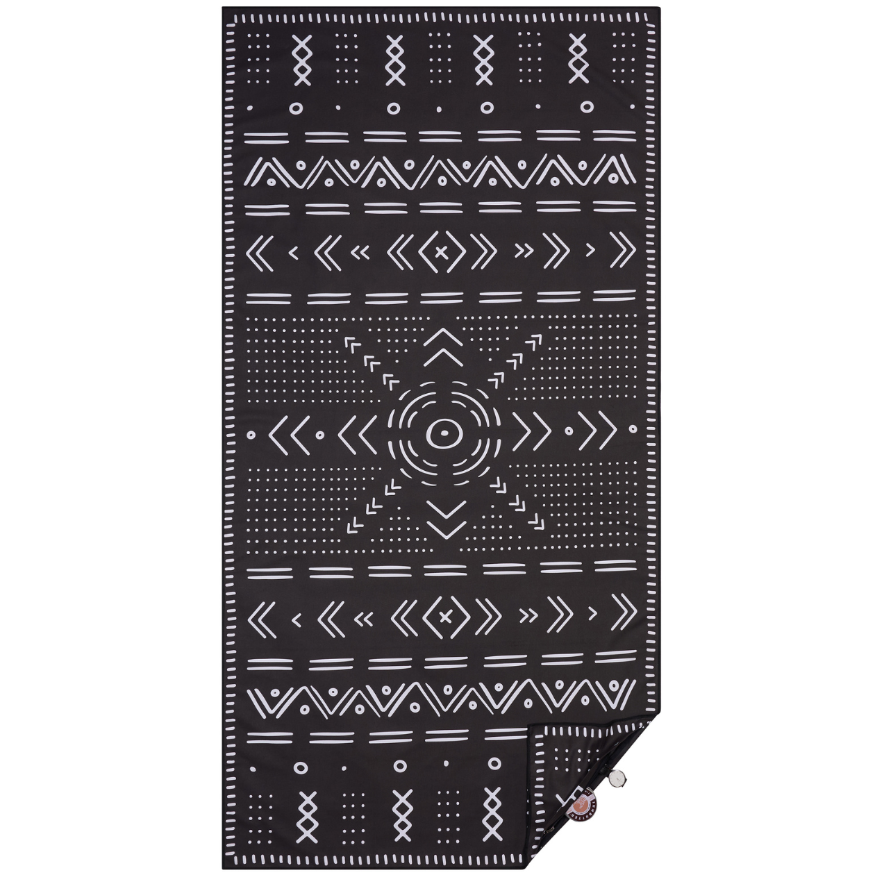 Black towel with white geometric pattern in white