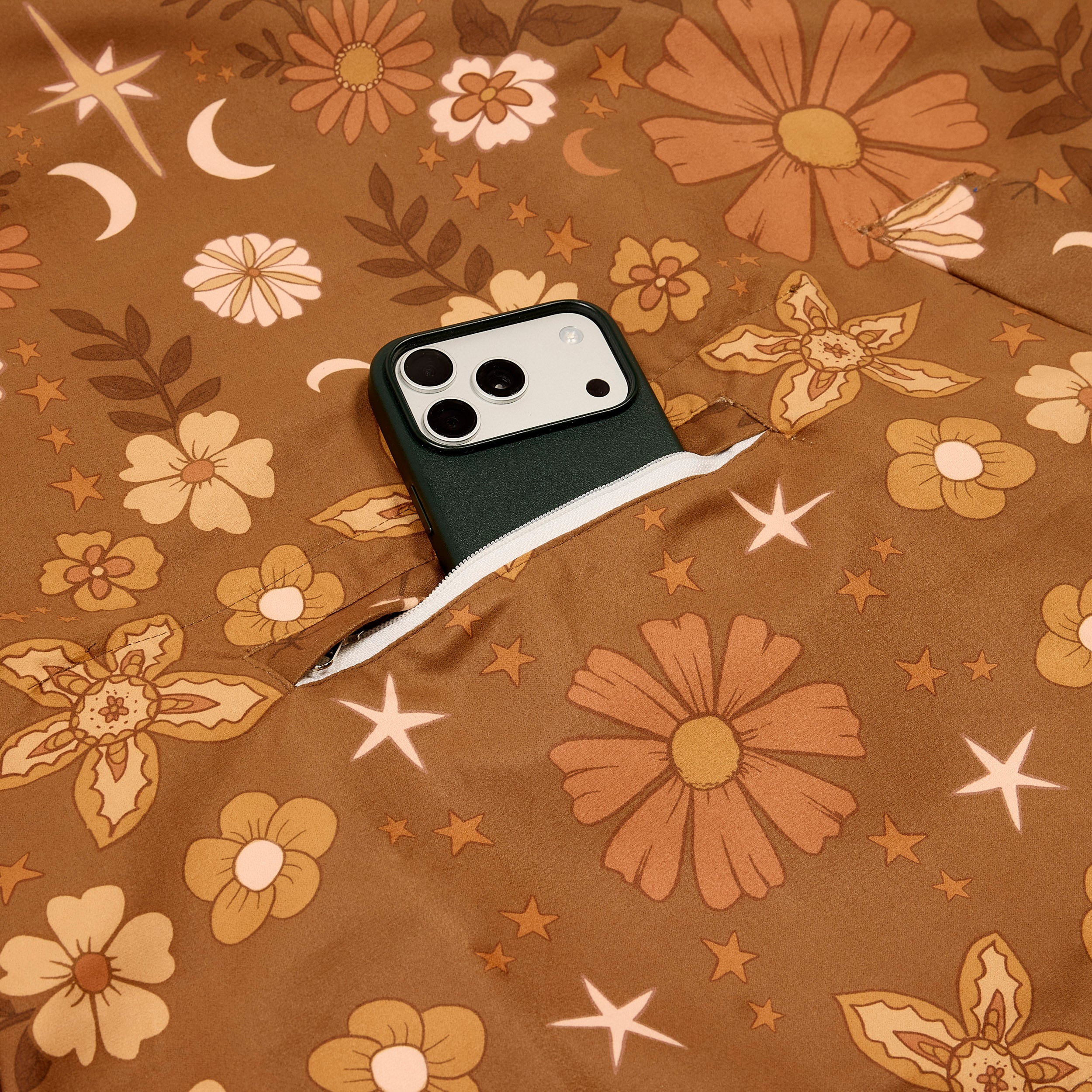 phone in kangaroo zipped pocket, boho sun changing poncho close up