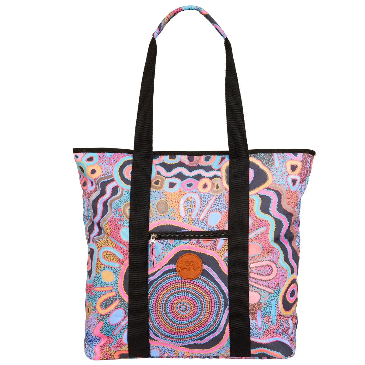 Colorful patterned tote bag with black handles on a white background