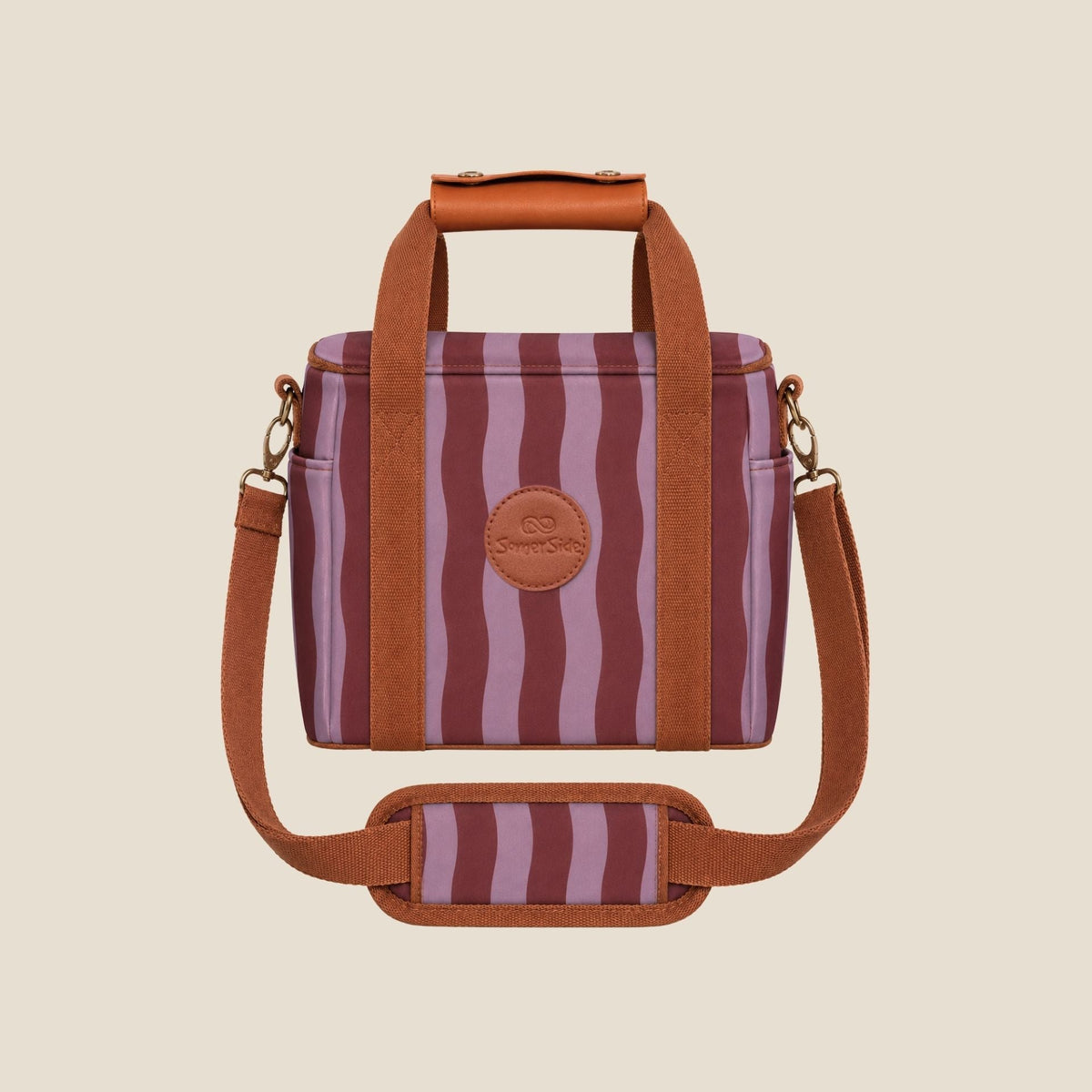 Jagger Shiraz mini insulated cooler bag, burgundy and mauve wavy stripe, studio front view with shoulder strap