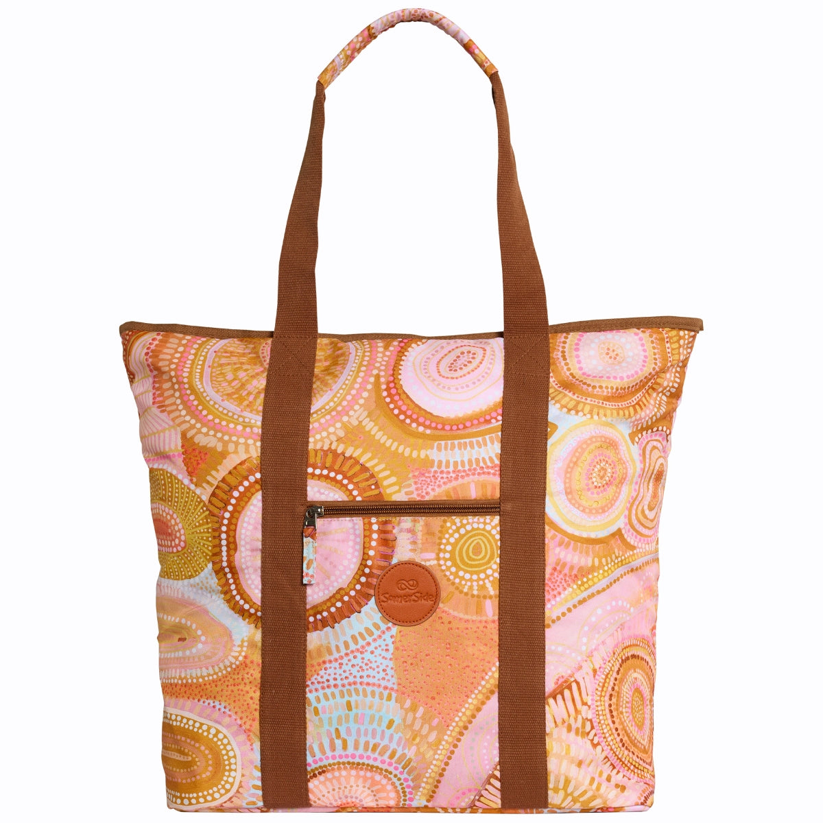 Tote bag with circular indigenous pattern and brown handles, earthy colours, backpack