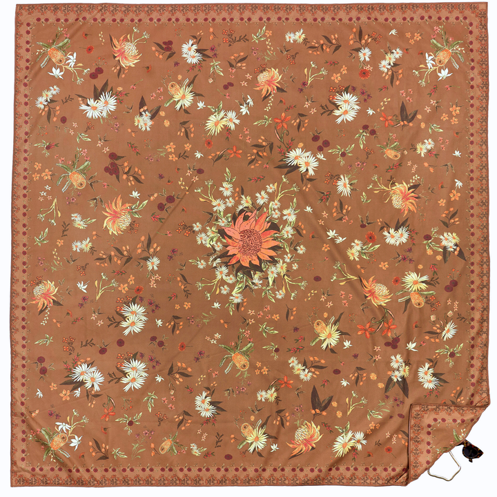 Floral patterned native towel in studio