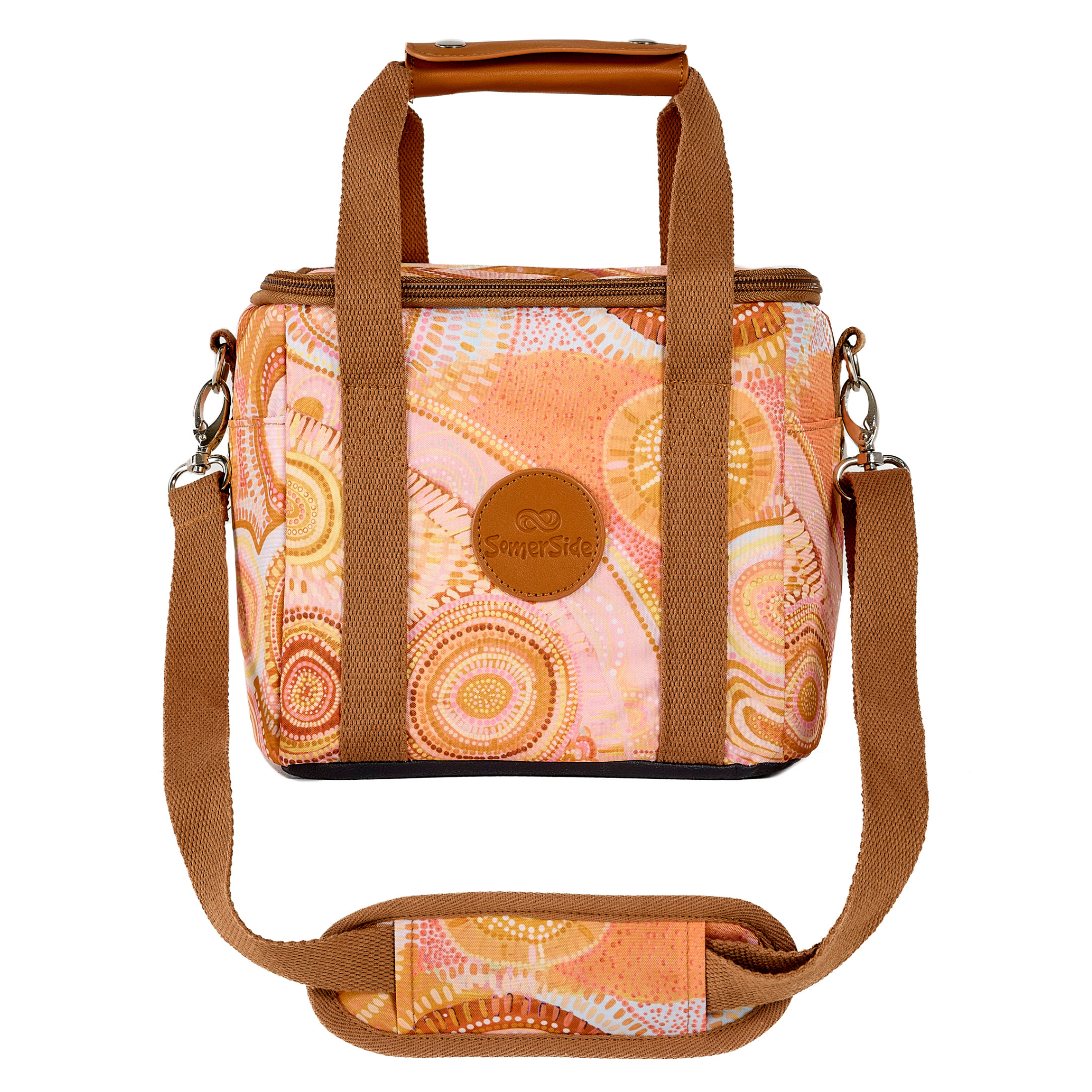 Patterned lunch cooler bag with brown straps, indigenous art