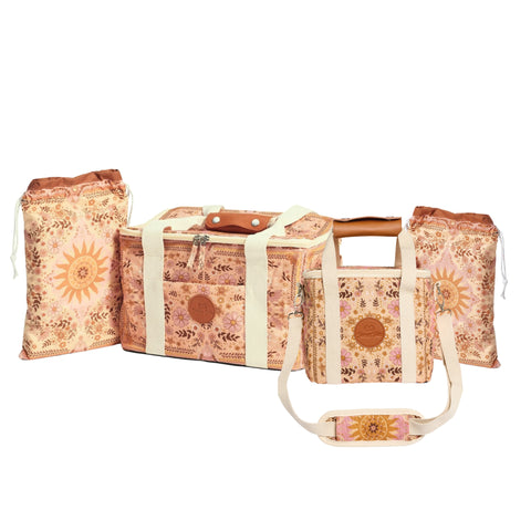 Boho floral insulated coolers and sand free beach and pool towels