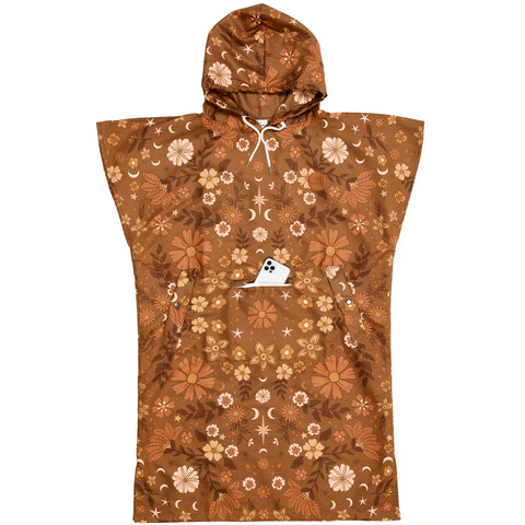 Brown floral patterned hooded poncho boho style