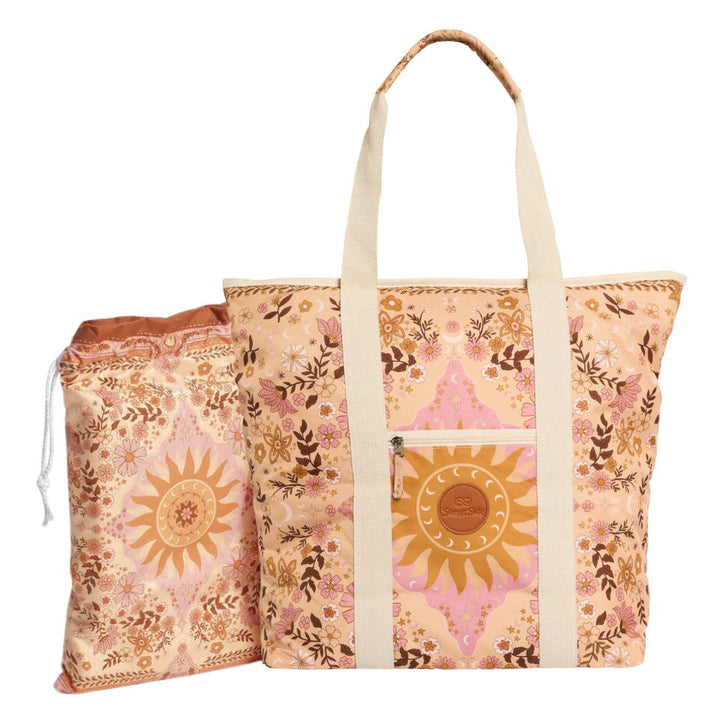 Floral patterned tote bag with matching extra large towel 