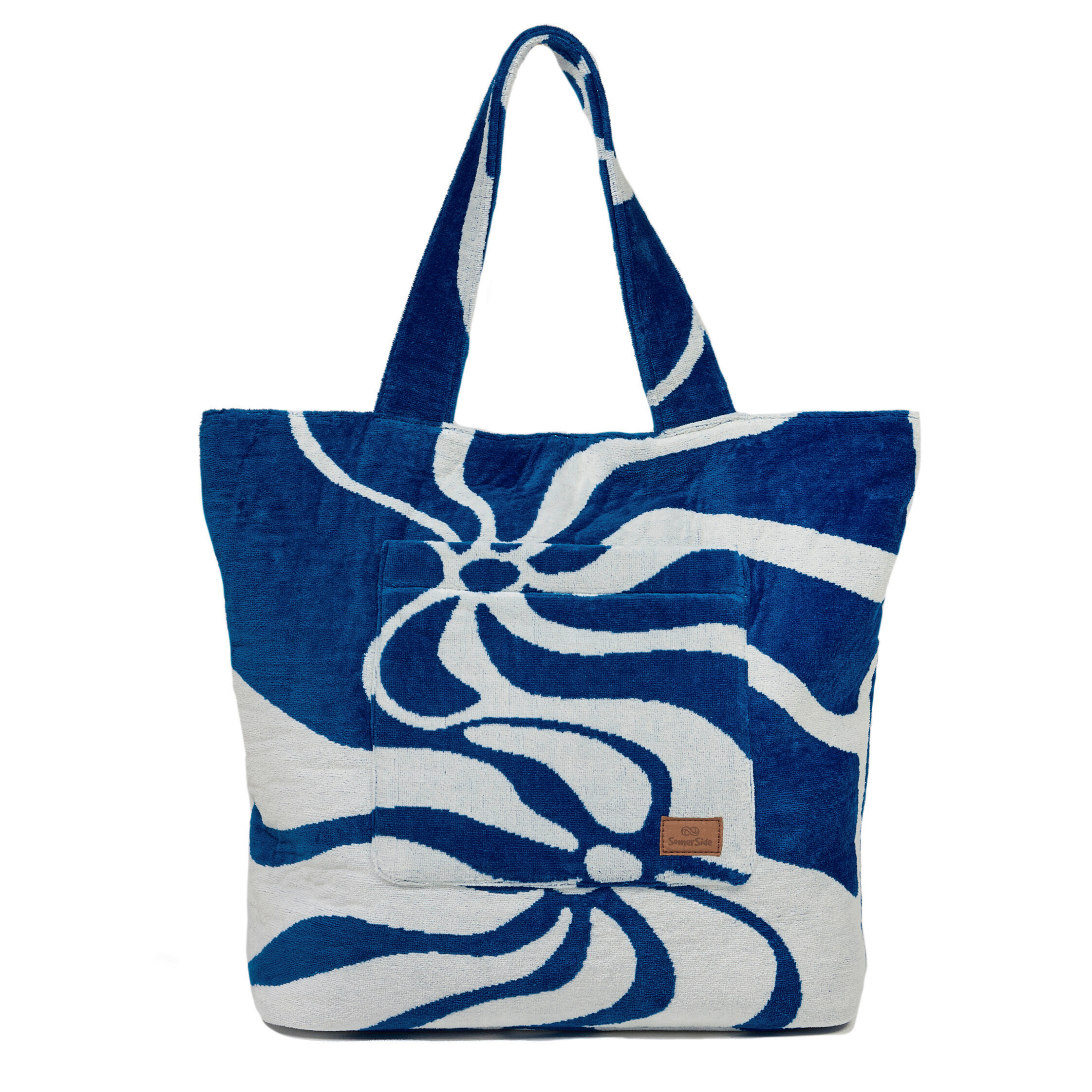 Blue and white patterned tote bag on a white background