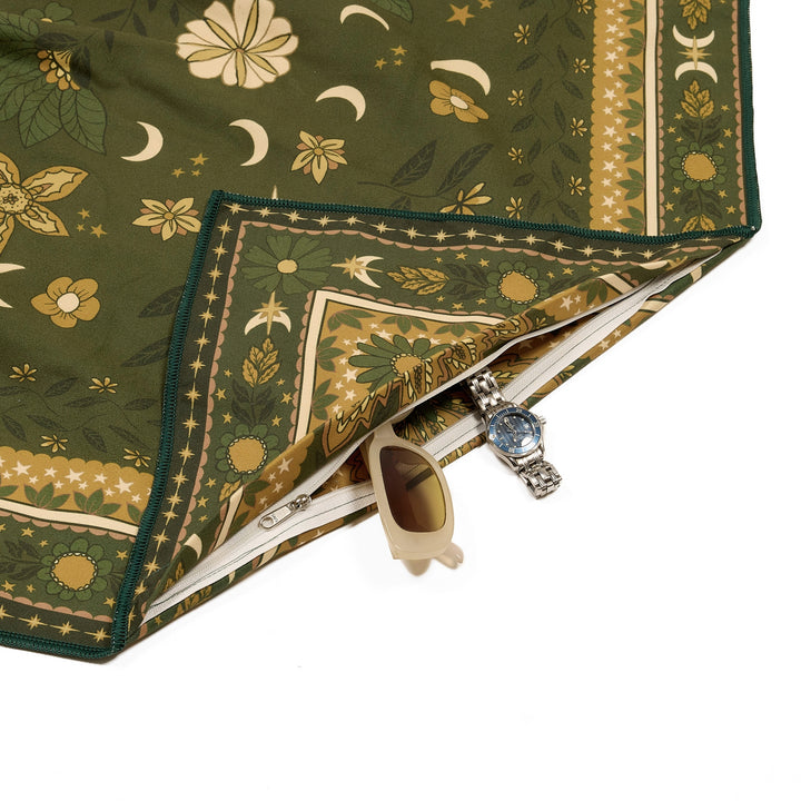 Golden sun drawn beach towel