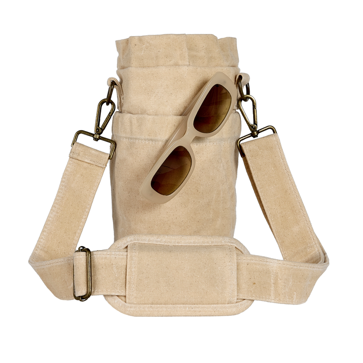 Beige sunglasses case with strap on a white background
