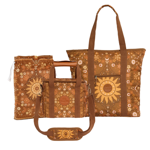 Brown patterned tote bag with sun design on a white background