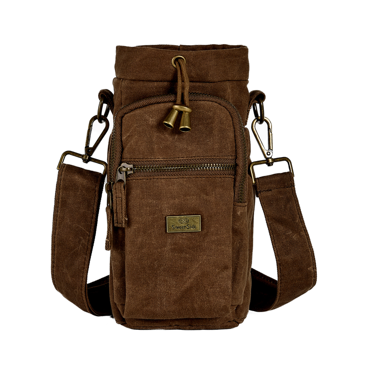 Brown waxed canvas crossbody bottle bag with multiple pockets and straps 