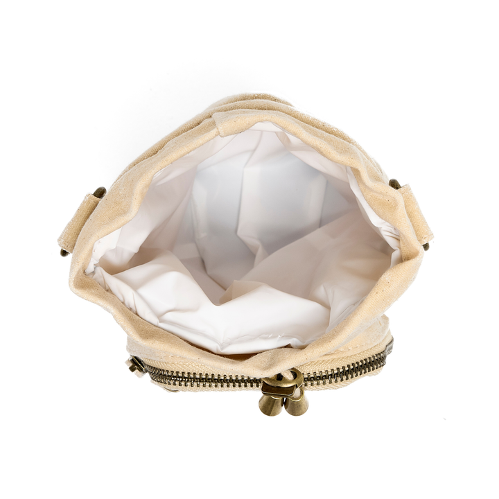 Beige pouch with a gold zipper on a white background