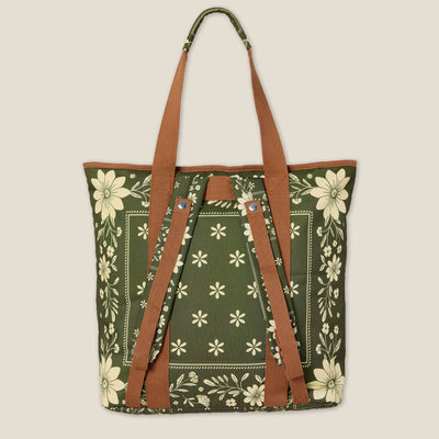 Eden beach tote bag, olive green floral bandana print, back view showing backpack straps