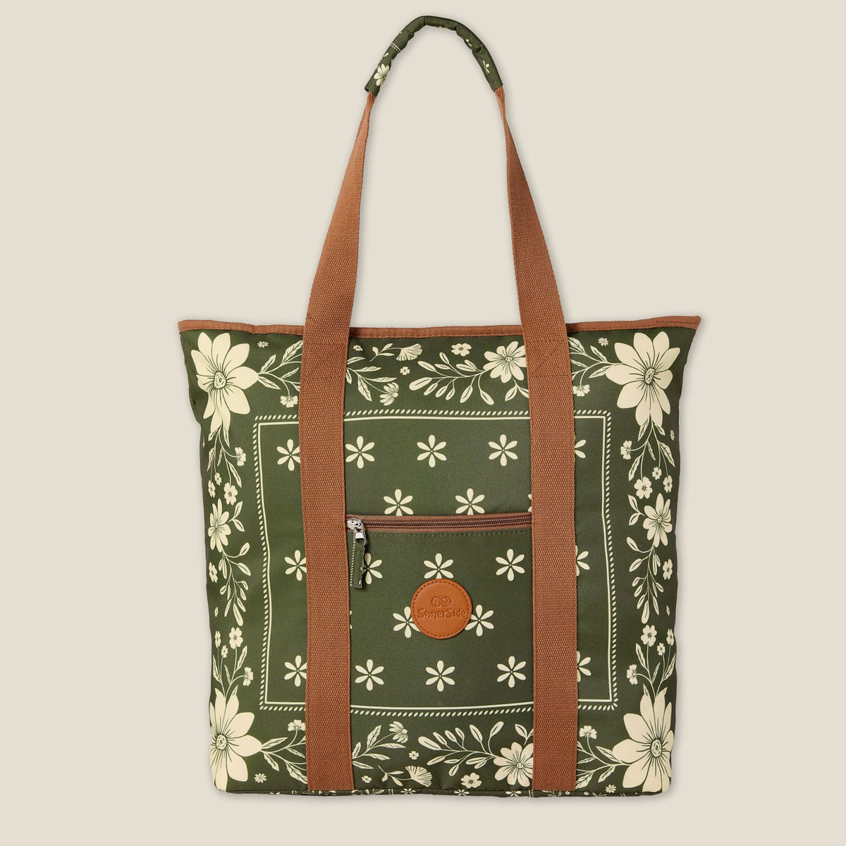 Eden beach tote bag, olive green floral bandana print, studio front view