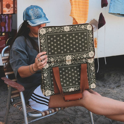 Eden insulated cooler bag, olive green floral bandana print, with the lid open