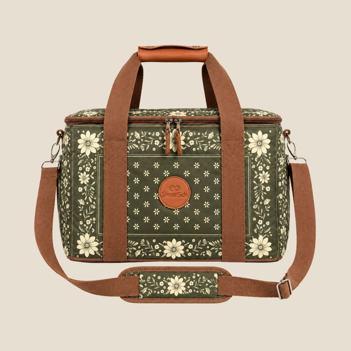 Eden insulated cooler bag, olive green floral bandana print, studio front view with shoulder strap