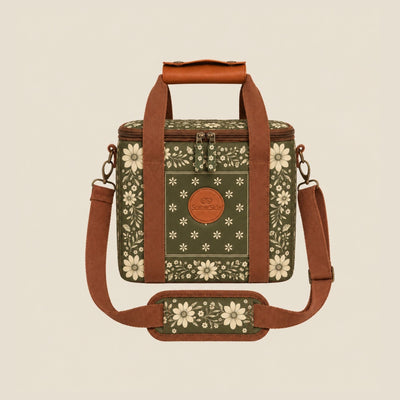 Eden mini insulated cooler bag, olive green floral bandana print, studio front view with shoulder strap