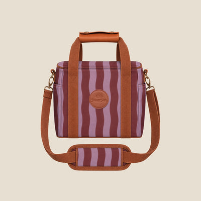 Jagger Shiraz mini insulated cooler bag, burgundy and mauve wavy stripe, studio front view with shoulder strap