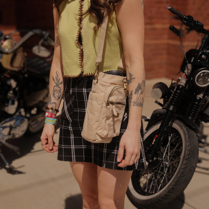 leah-plaid-skirt -dune-water-bottle-bag-waxed-canvas