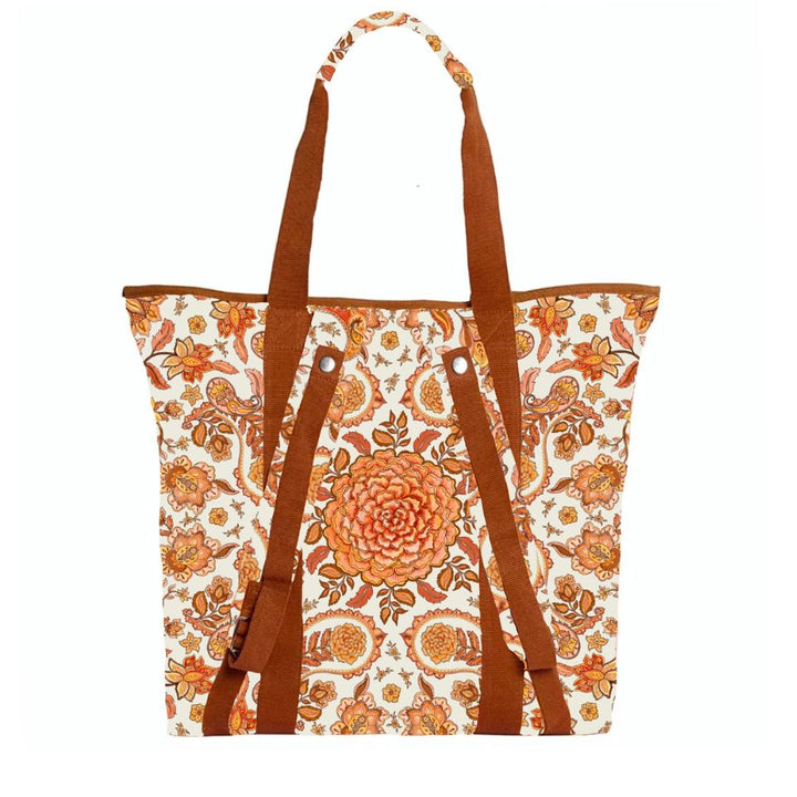 Floral patterned tote bag with brown straps, marigold centerpiece