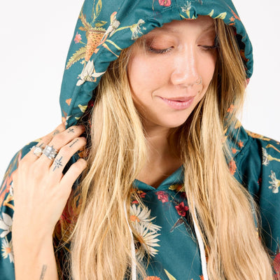Native Botanical adult hooded towel poncho, dark green Australian wildflower print, hood close up