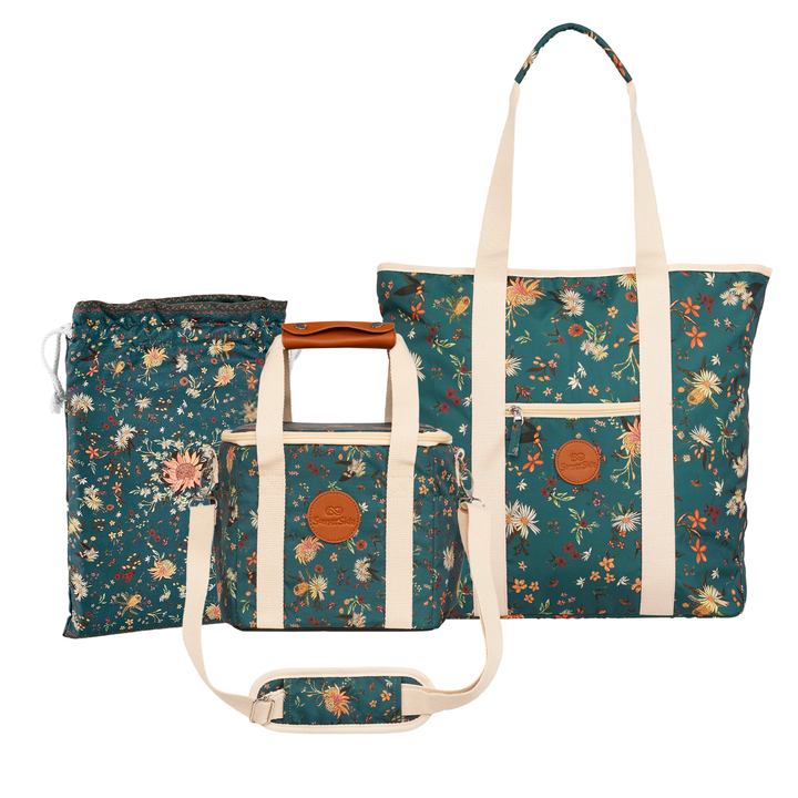 Floral-patterned tote bag with matching towel and mini cooler, native botanical print