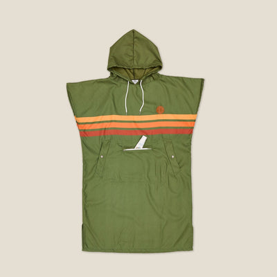 Stevie adult hooded towel poncho, olive green with retro orange stripes, studio flat lay