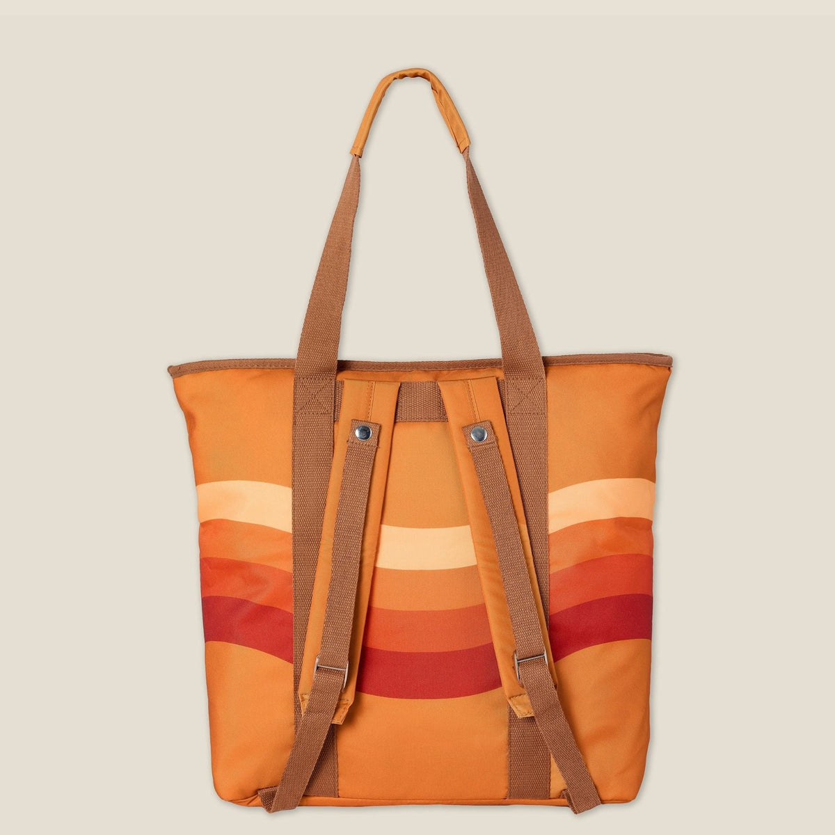 Stevie beach tote bag, orange retro 70s wave print, back view showing backpack straps