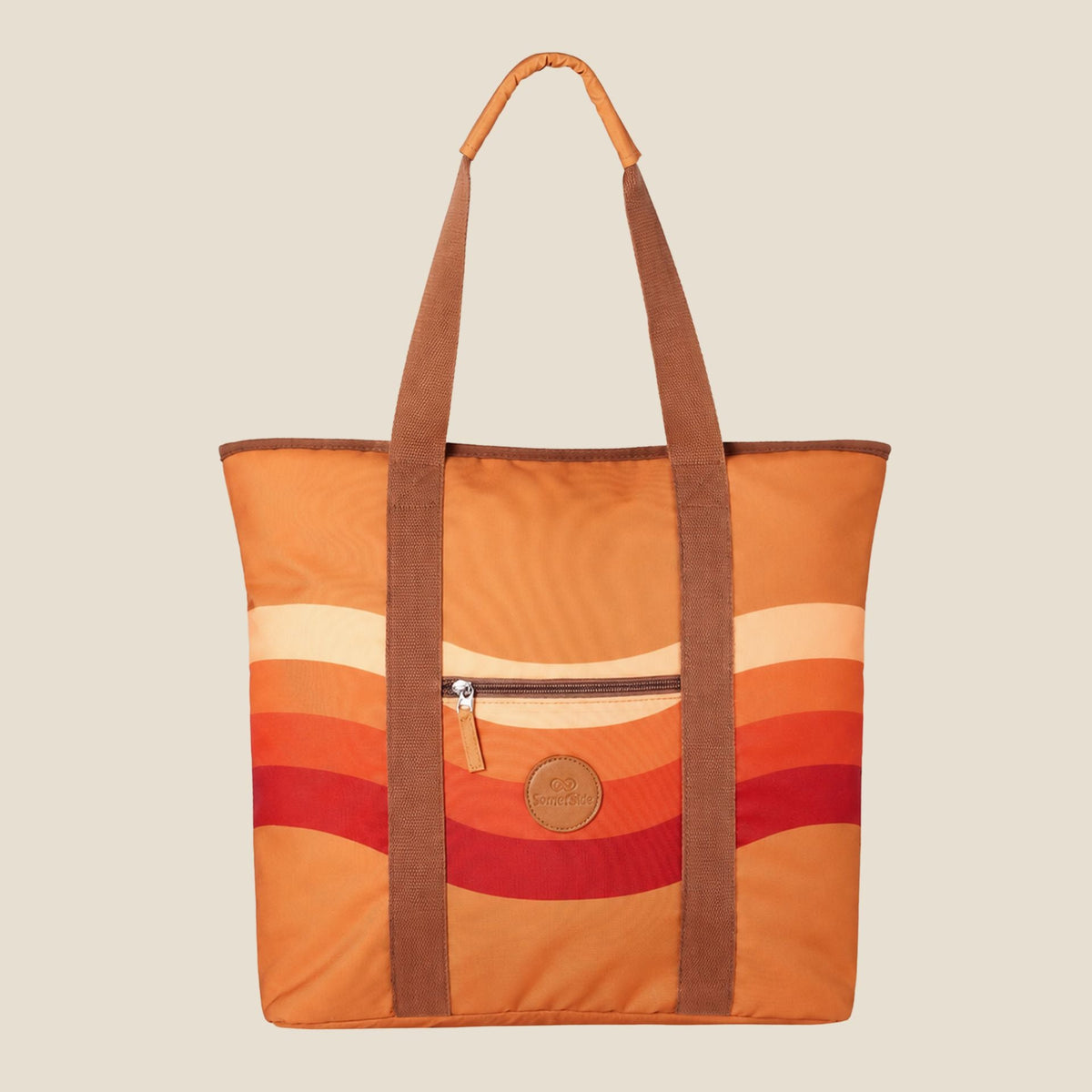 Stevie beach tote bag, orange retro 70s wave print, studio front view