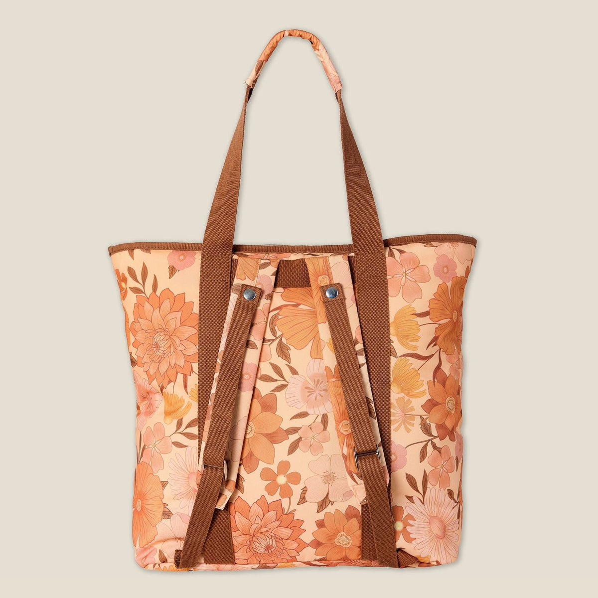 Summer Muse beach tote bag, peach retro 70s floral print, back view showing backpack straps